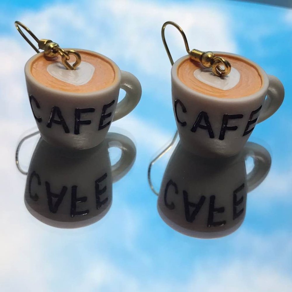 White Brown Cafe Latte Mug Cup Earrings